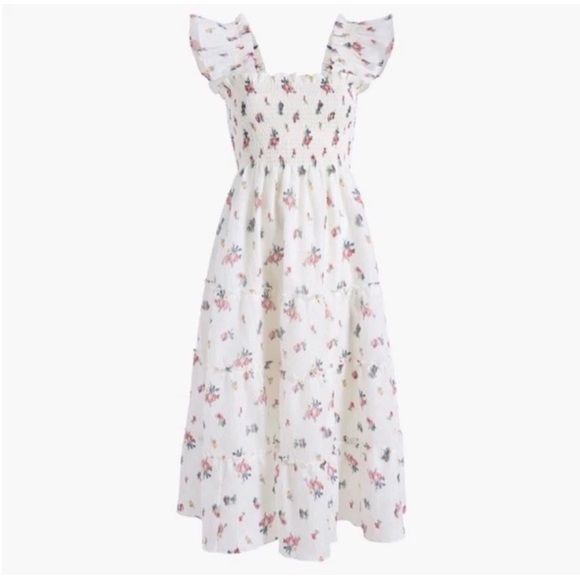 New HILL HOUSE Ellie Floral Smocked Midi Nap Dress in Ivory Crushed Taffeta Ikat - Picture 3 of 16